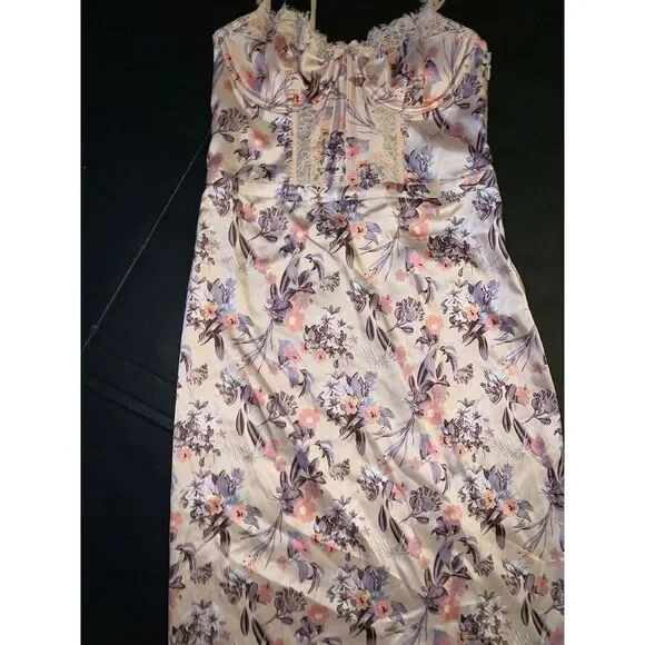 Victoria's Secret S gown slip DRESS Orange blue floral satin White beige lace